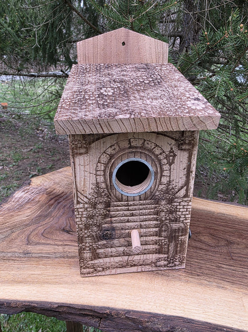 Cedar Birdhouse with Viewing Window - Fairy Hobbit Design
