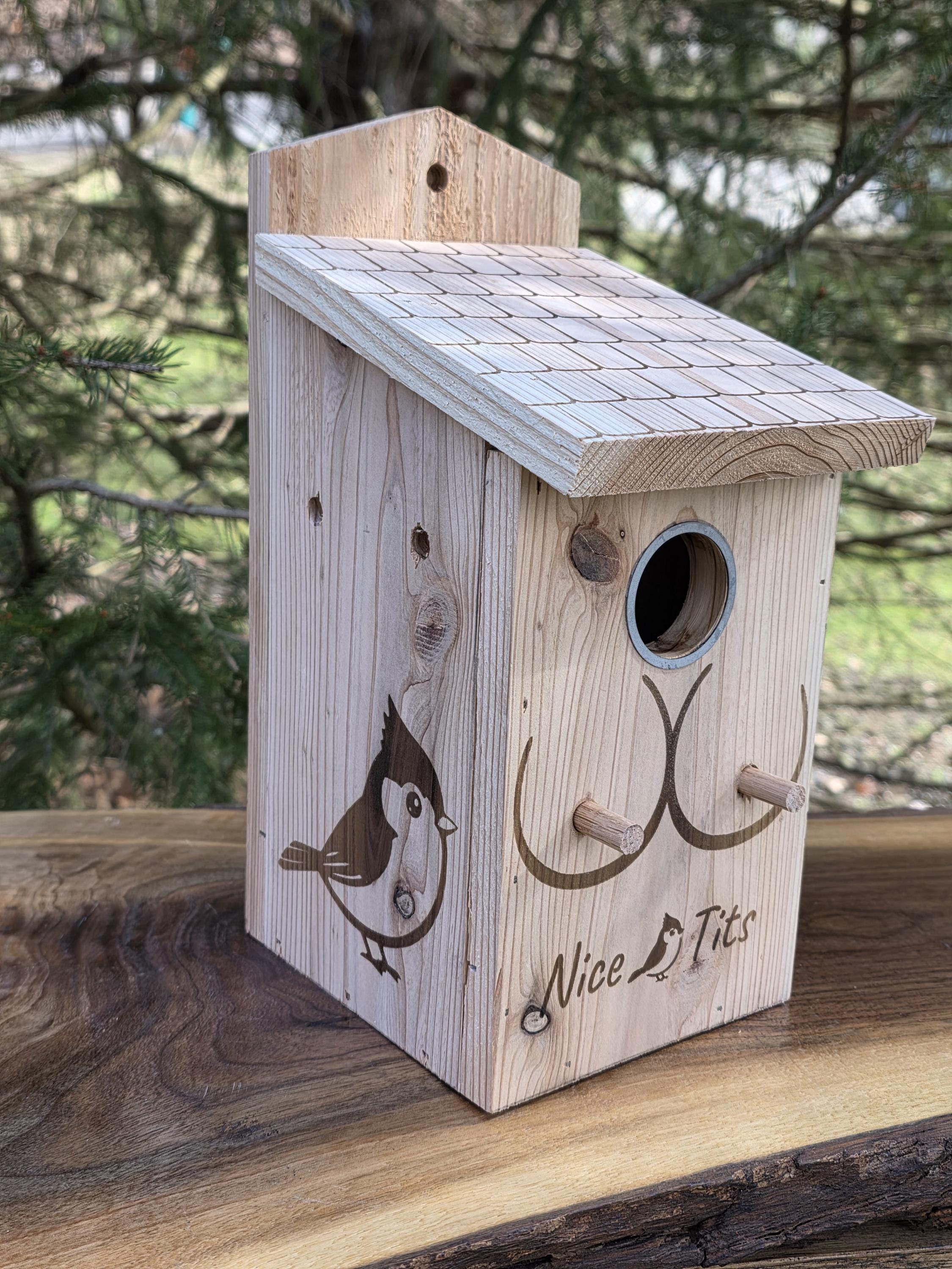 Cedar Titmouse Birdhouse – "Nice Tits" Funny Decor With viewing window– Bird Pun for bird lover