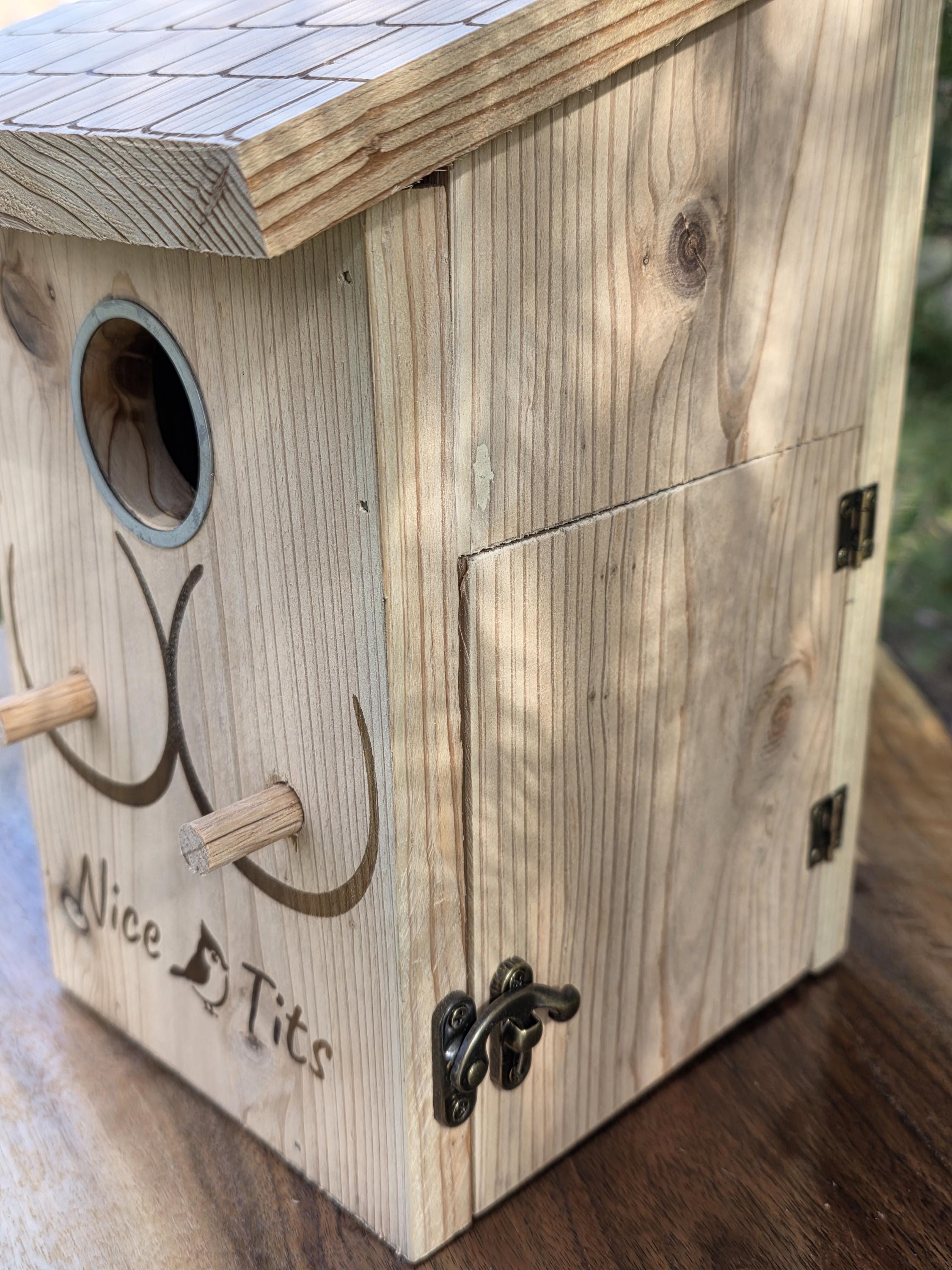 Cedar Titmouse Birdhouse – "Nice Tits" Funny Decor With viewing window– Bird Pun for bird lover