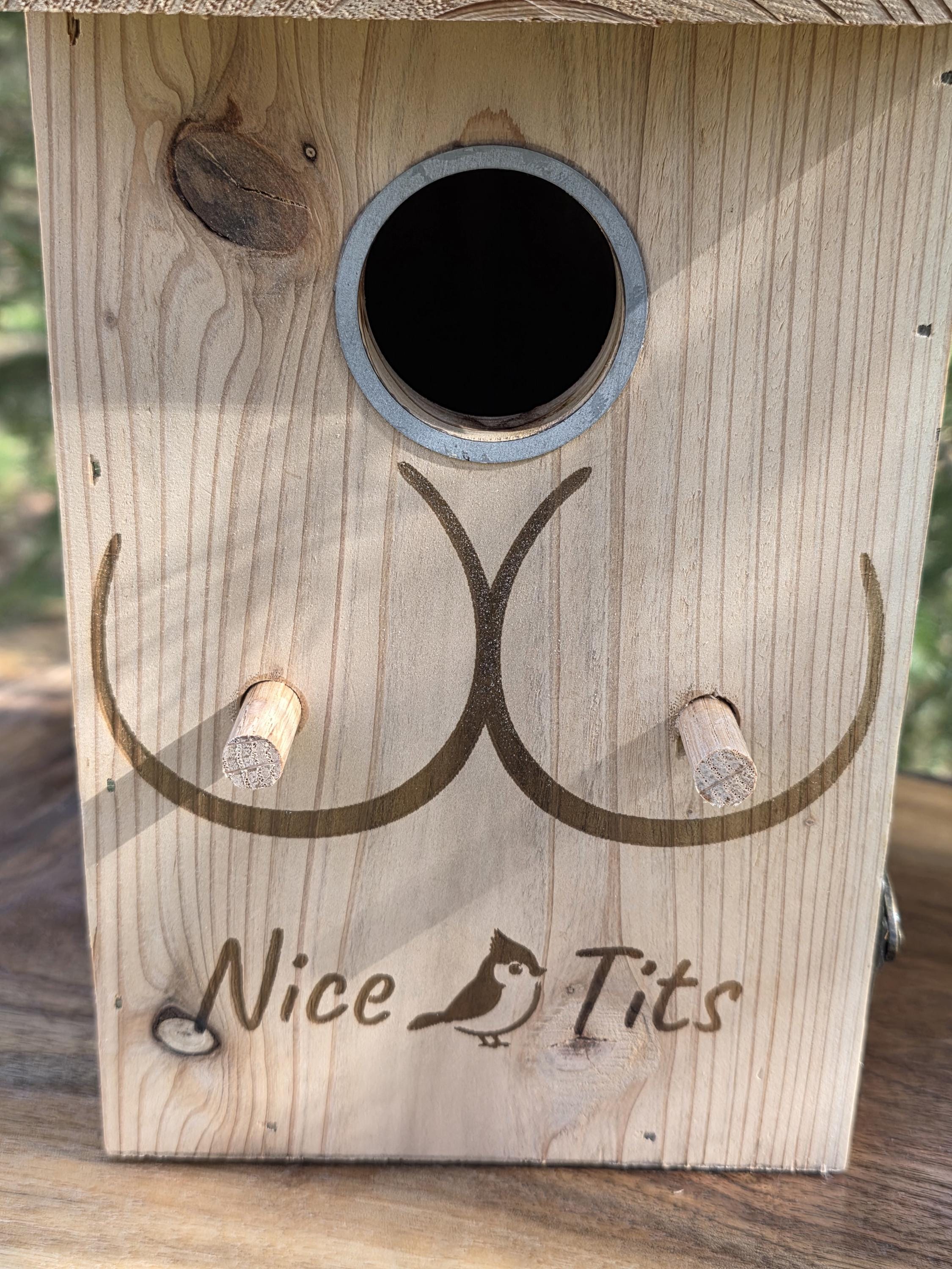 Cedar Titmouse Birdhouse – "Nice Tits" Funny Decor With viewing window– Bird Pun for bird lover